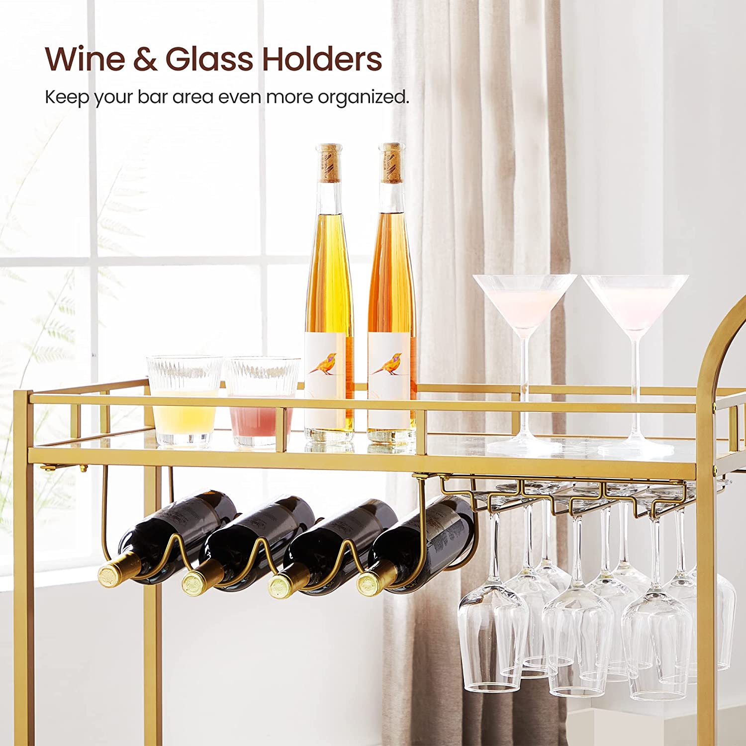 Home Bar Serving Cart with 2 Mirrored Shelves - Gold