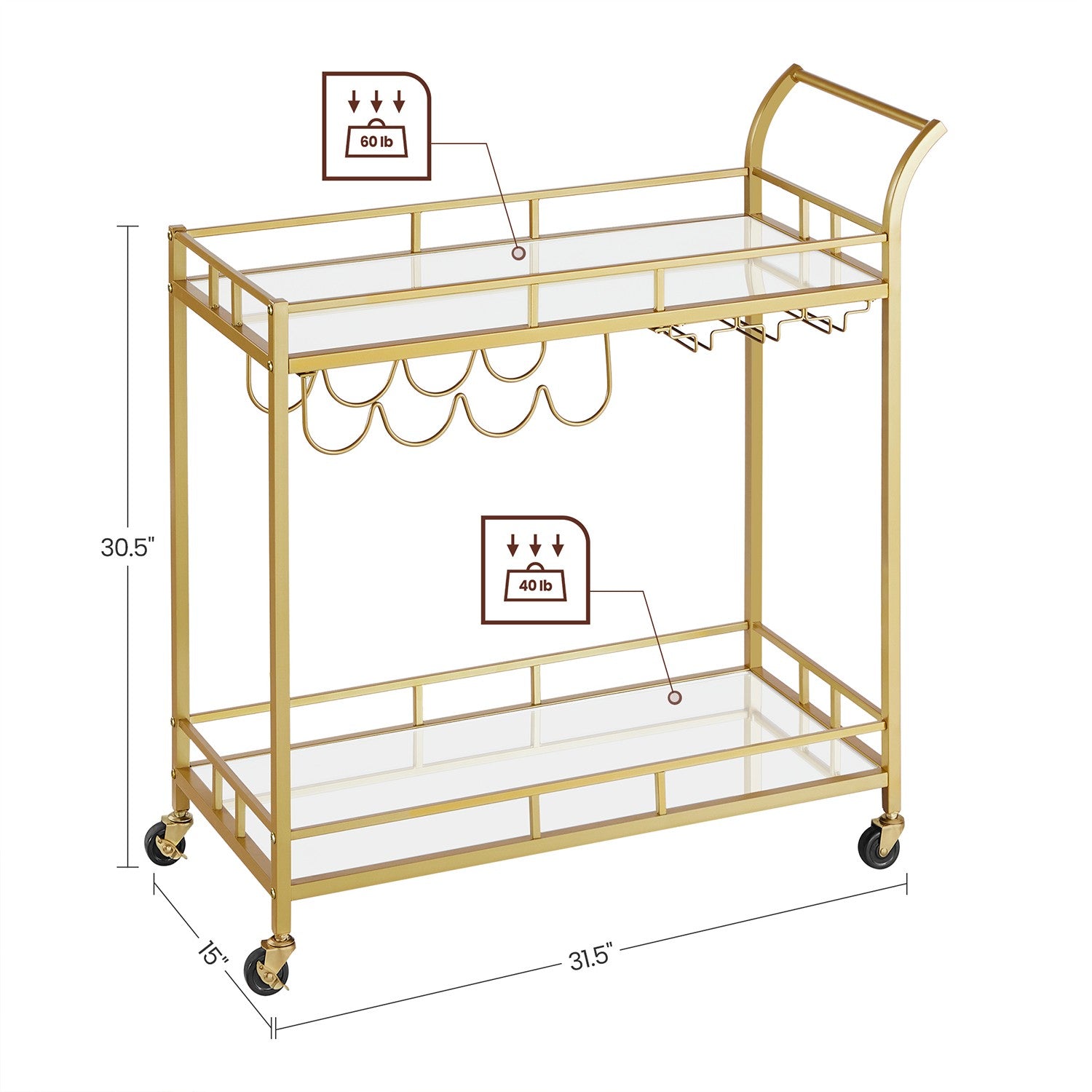 Home Bar Serving Cart with 2 Mirrored Shelves - Gold