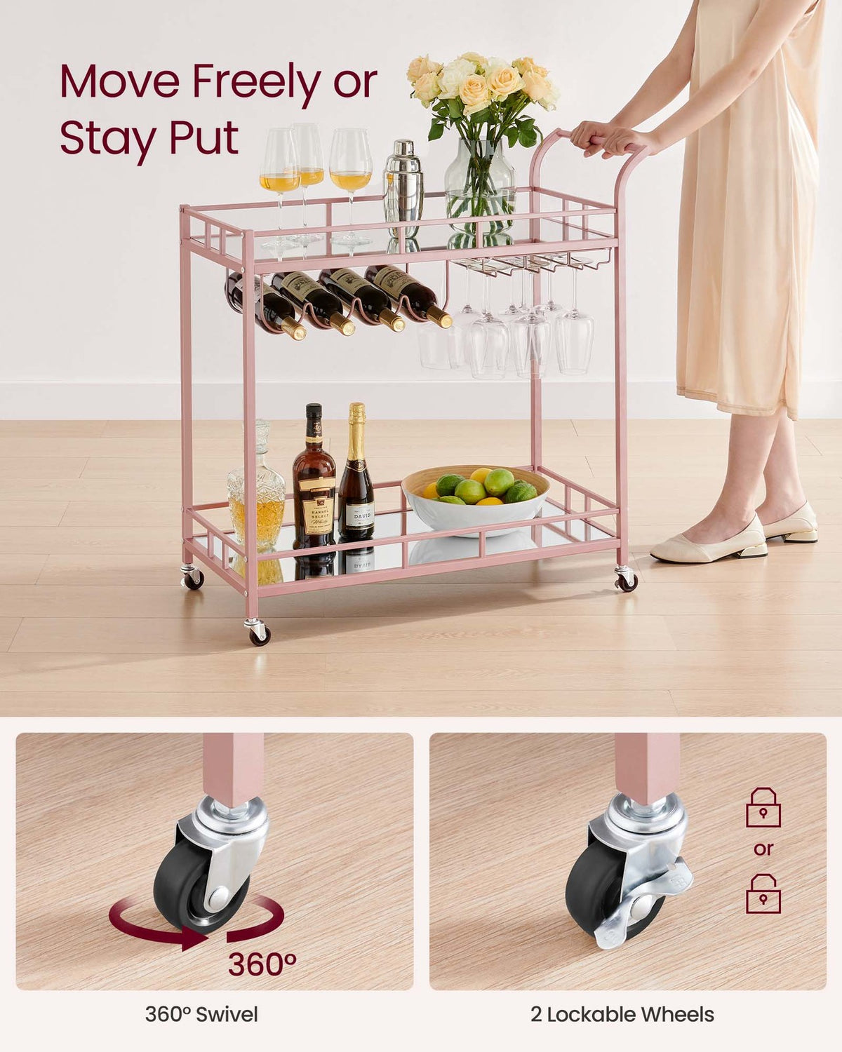 Home Bar Serving Cart - 2 Mirrored Shelves