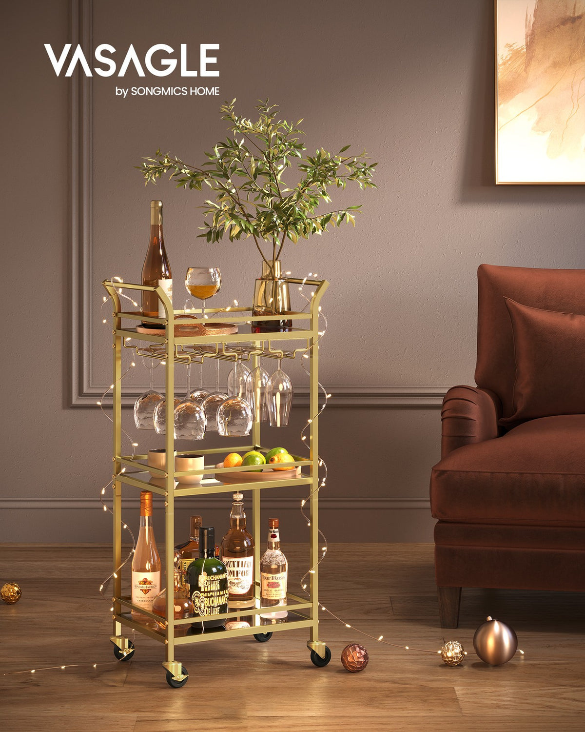 Small Bar Cart with 3-Tier Shelf - Gold