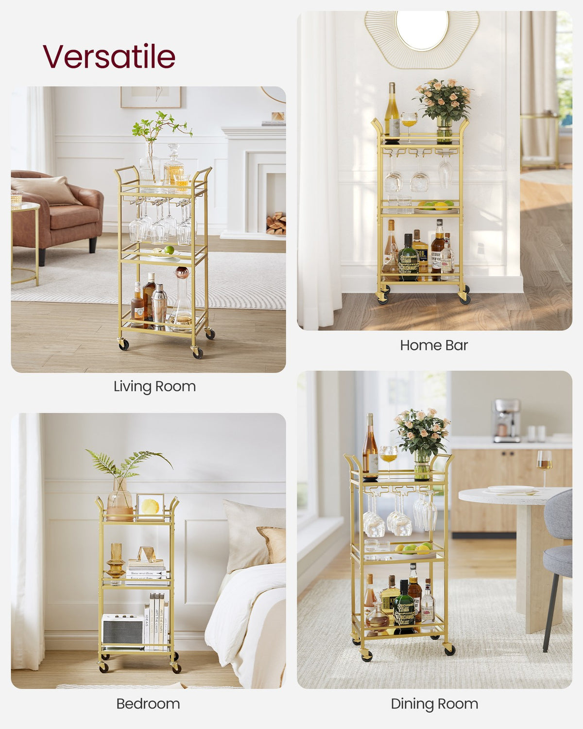Small Bar Cart with 3-Tier Shelf - Gold