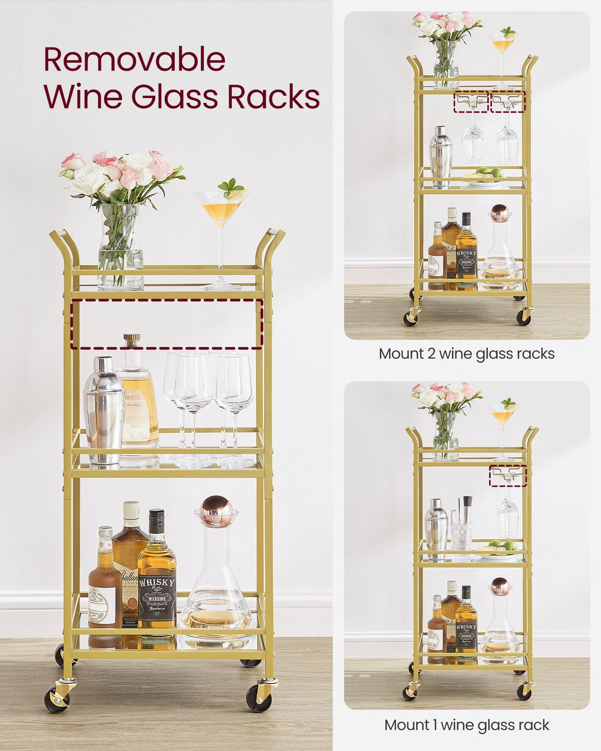 Small Bar Cart with 3-Tier Shelf - Gold