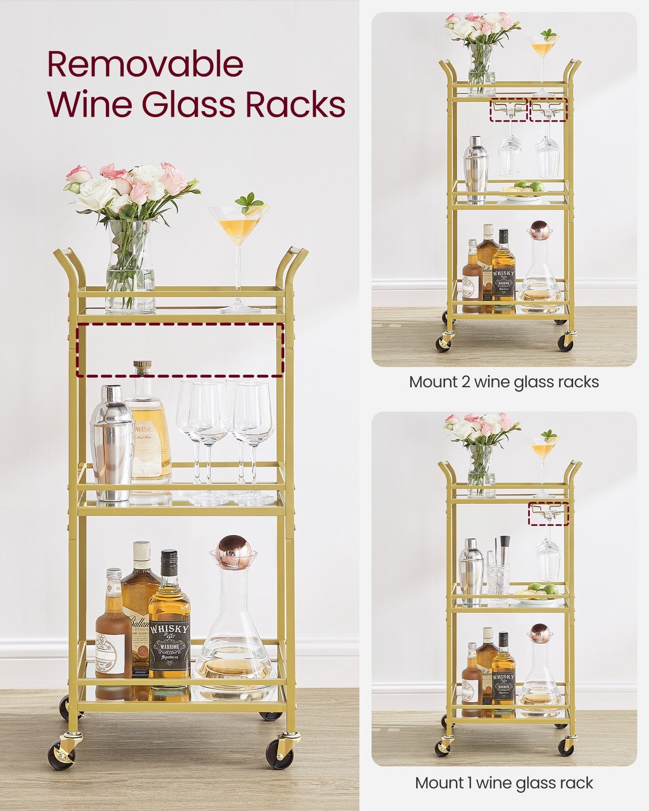 Small Bar Cart with 3-Tier Shelf - Gold