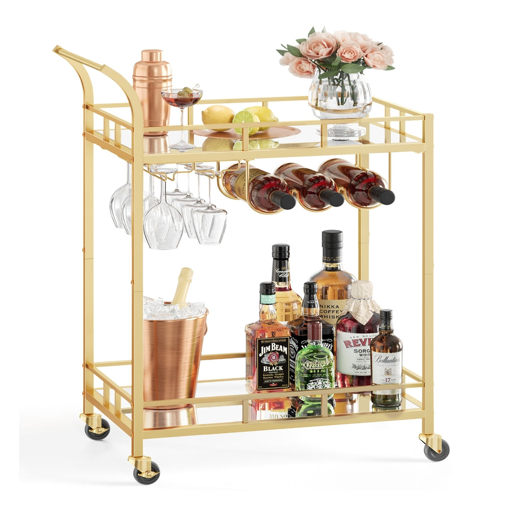 Home Bar Serving Cart with 2 Mirrored Shelves - Gold - 15”D x 26”W x 35.4”H