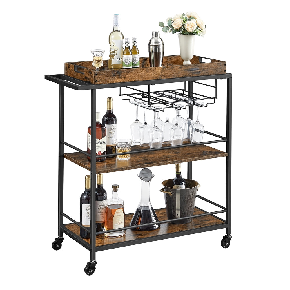 Industrial Bar Cart with Wheels and Handle - Rustic Brown, Black - 15.7"D x 34.6"W x 37.8"H