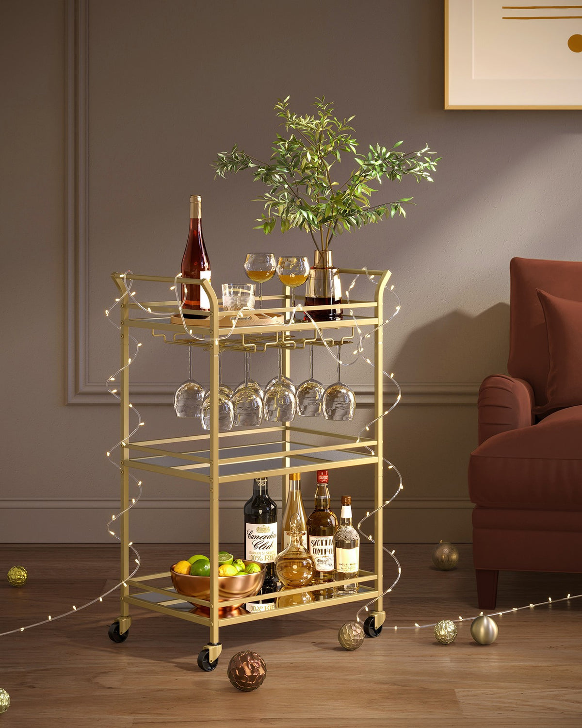 Home Bar Serving Cart with 3-Tier Shelf - Gold