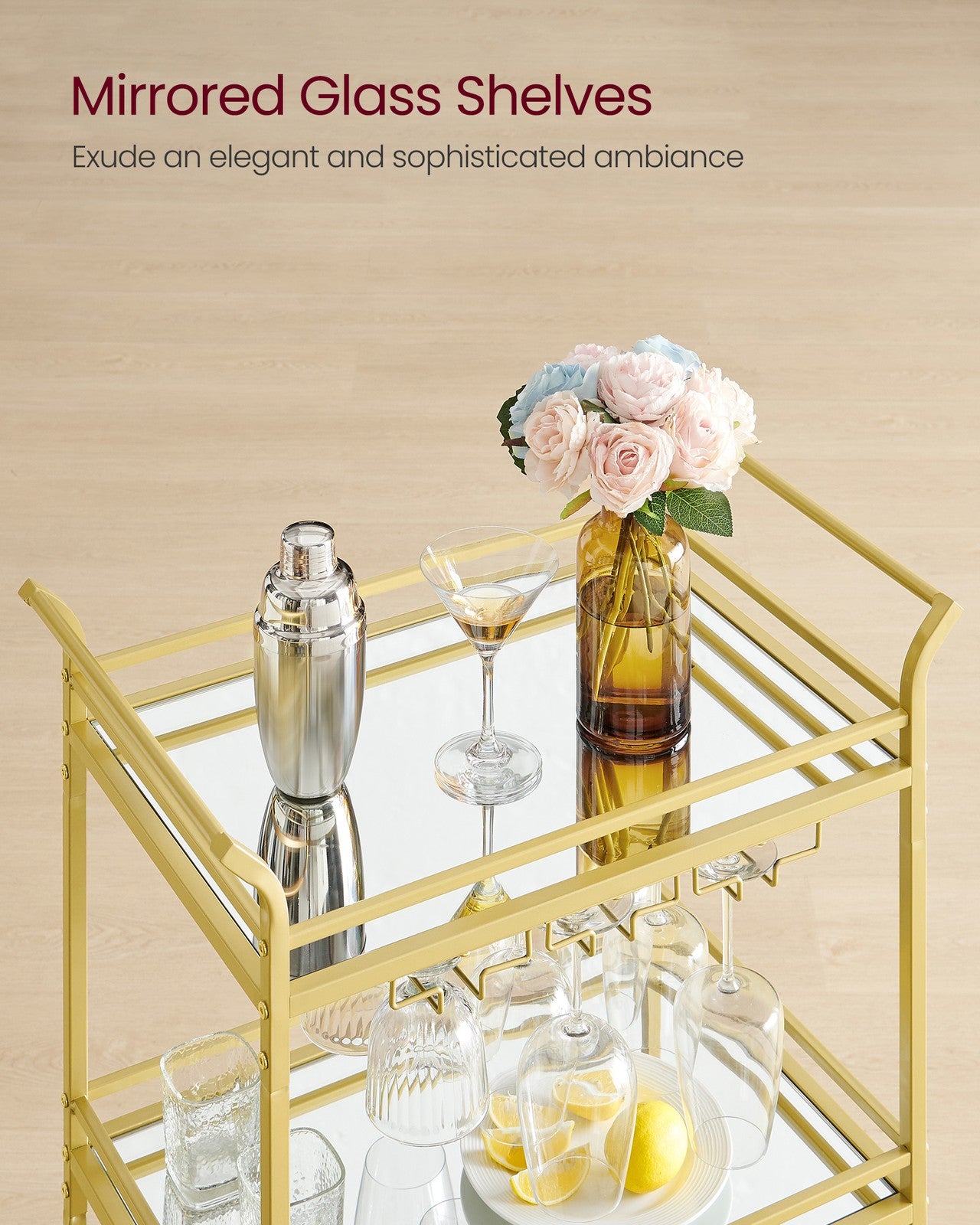 Home Bar Serving Cart with 3-Tier Shelf - Gold