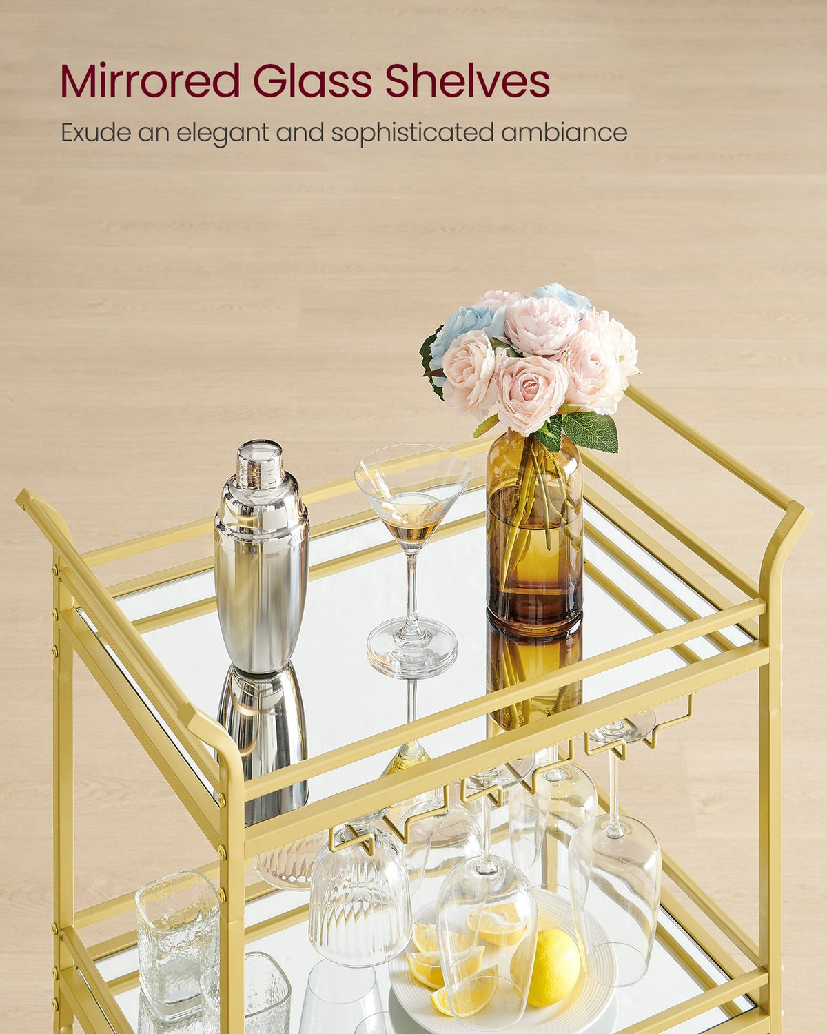 Home Bar Serving Cart with 3-Tier Shelf - Gold