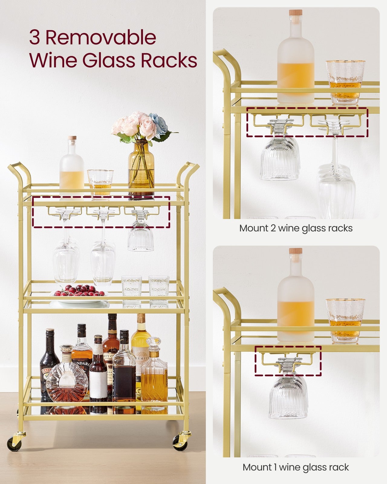 Home Bar Serving Cart with 3-Tier Shelf - Gold