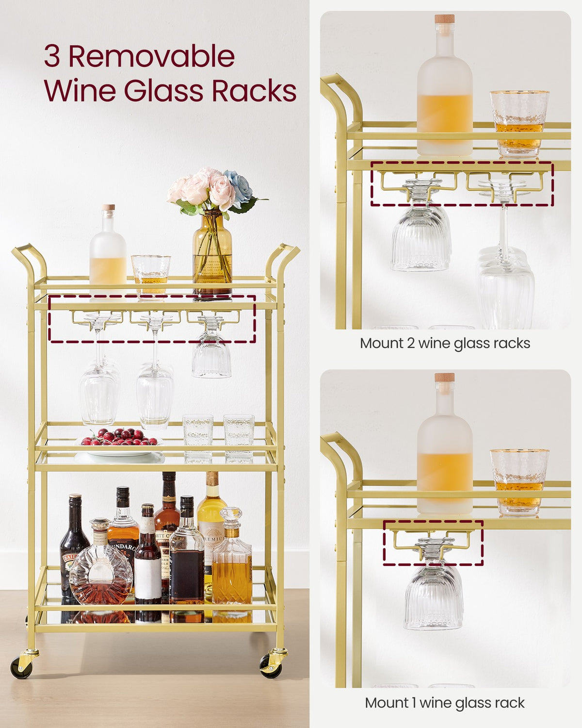 Home Bar Serving Cart with 3-Tier Shelf - Gold
