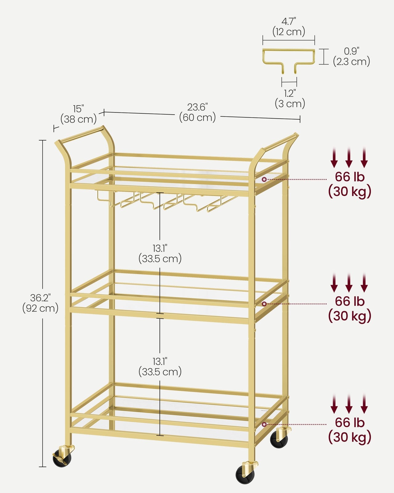 Home Bar Serving Cart with 3-Tier Shelf - Gold