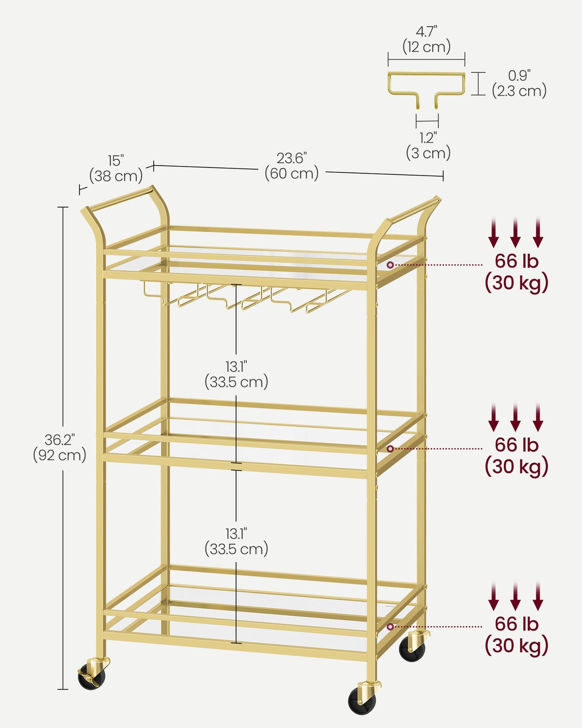 Home Bar Serving Cart with 3-Tier Shelf - Gold