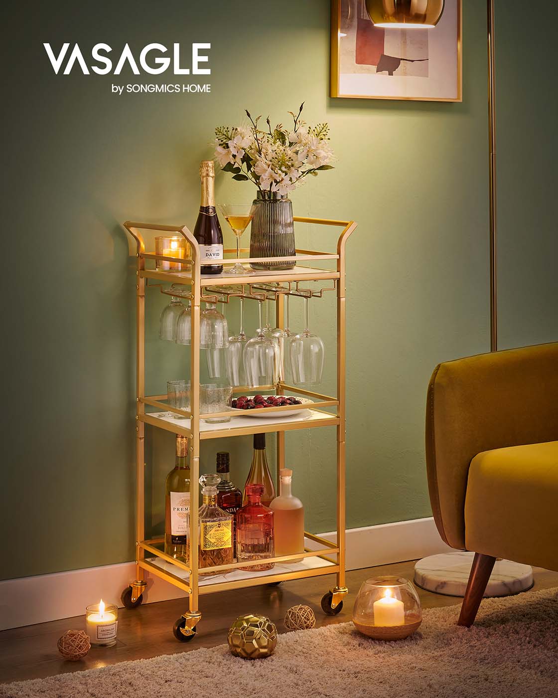 Bar Cart - 3-Tier Shelf - Wine and Glass Holders