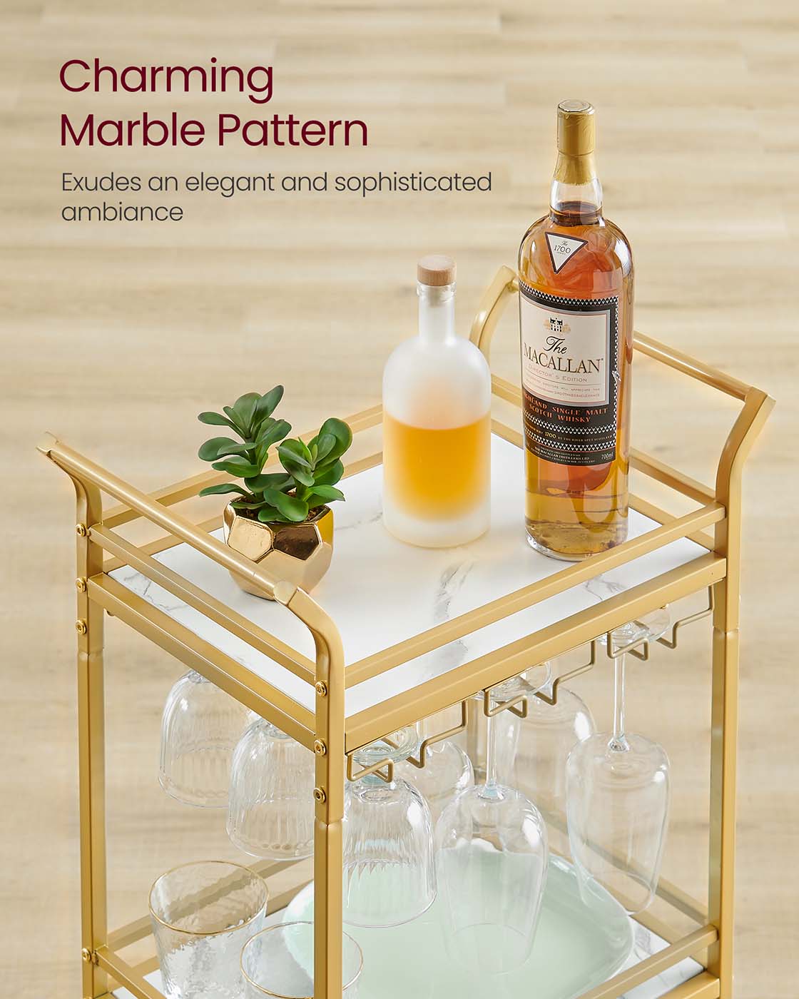 Bar Cart - 3-Tier Shelf - Wine and Glass Holders