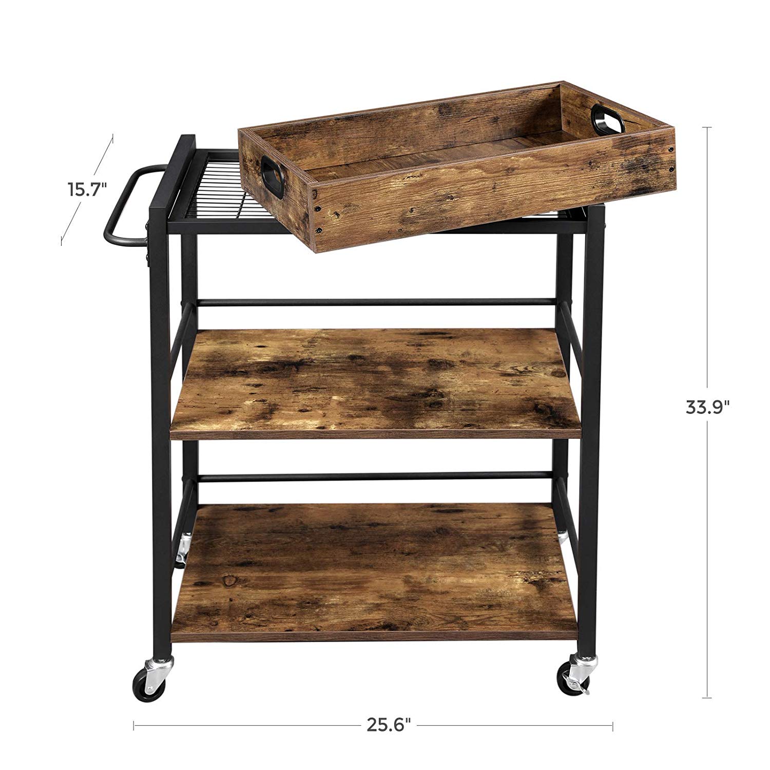 Industrial Bar Cart with Wheels and Handle - Rustic Brown, Black