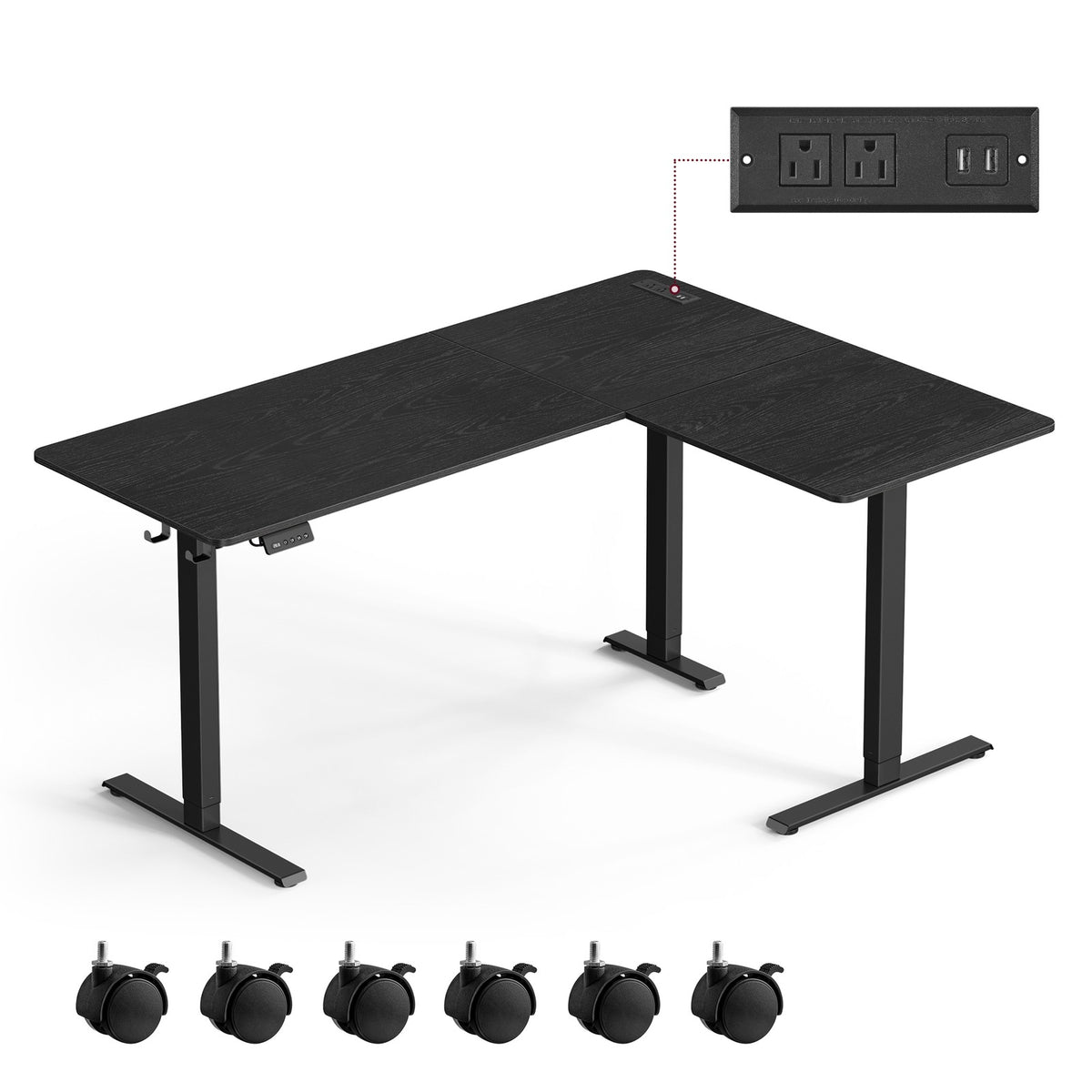 L-Shaped Electric Standing Desk with Power Outlets - Ink Black