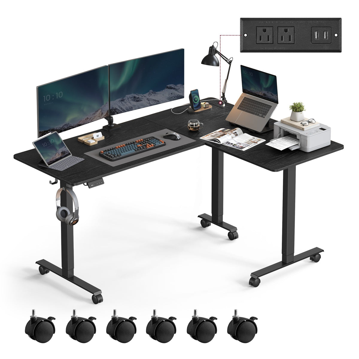 L-Shaped Electric Standing Desk with Power Outlets - Ink Black