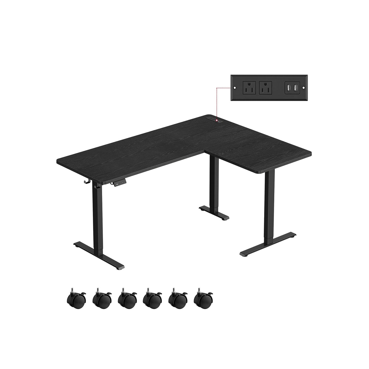 L-Shaped Electric Standing Desk with Power Outlets - Ink Black