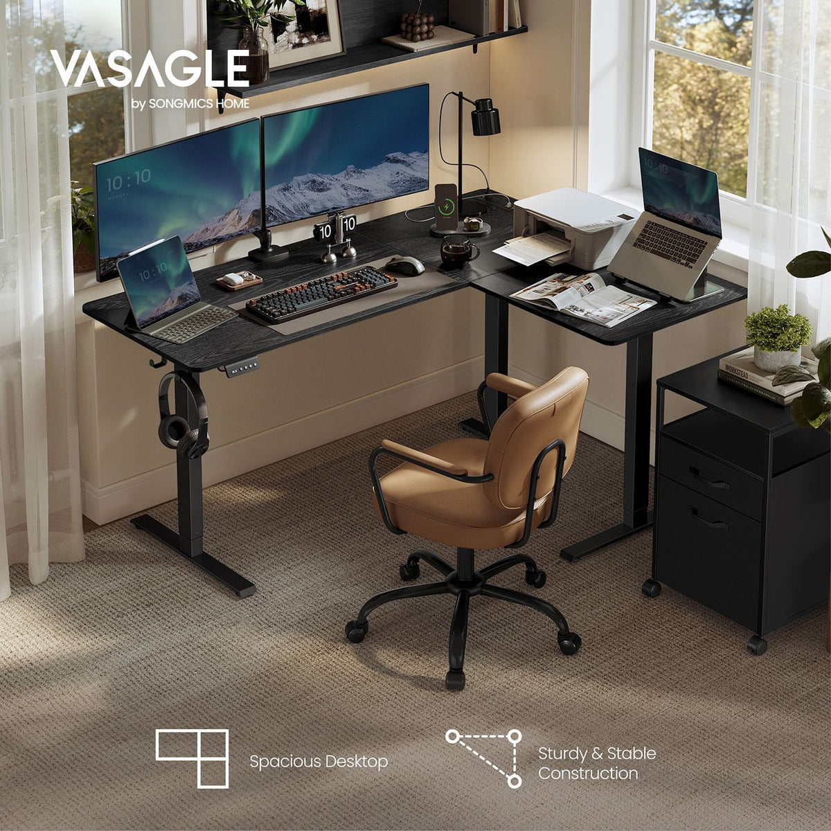 L-Shaped Electric Standing Desk with Power Outlets - Ink Black