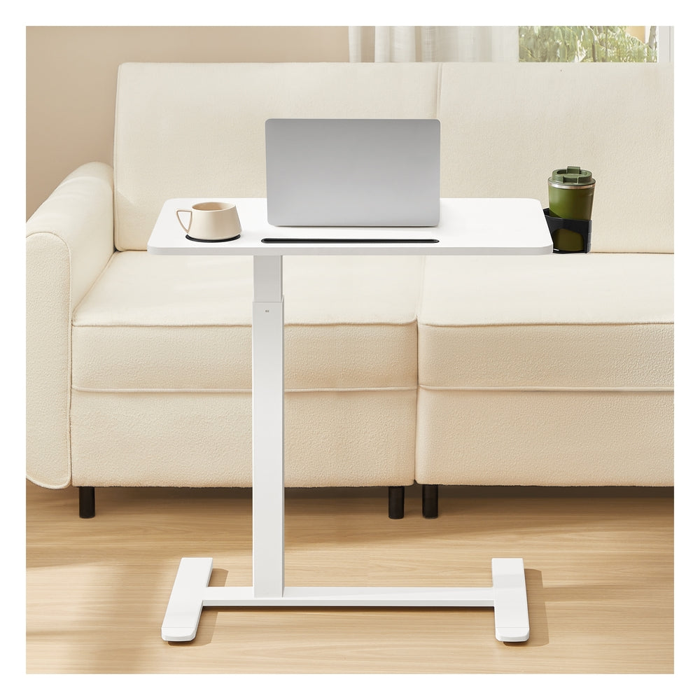 Overbed Table with Wheels - Mobile Standing Computer Desk - 27.6 x 15.7 Inches Tabletop - Adjustable Height - 2 Cup Holders - Phone and Tablet Slot - Cloud White ULSD600W01 - Cloud White - 27.6"W x 15.7"D x (25.6"-40.2"H)