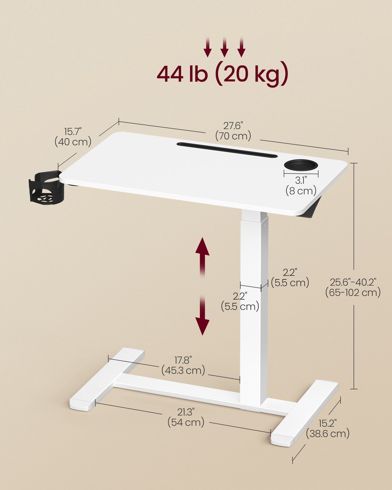 Overbed Table with Wheels - Mobile Standing Computer Desk - 27.6 x 15.7 Inches Tabletop - Adjustable Height - 2 Cup Holders - Phone and Tablet Slot - Cloud White ULSD600W01 - Cloud White