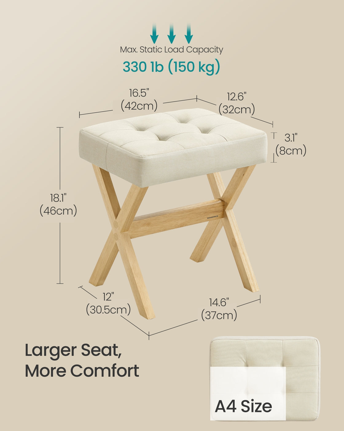 Padded Makeup Stool - Solid Wood X Legs - Vanity Seat or Foot Rest