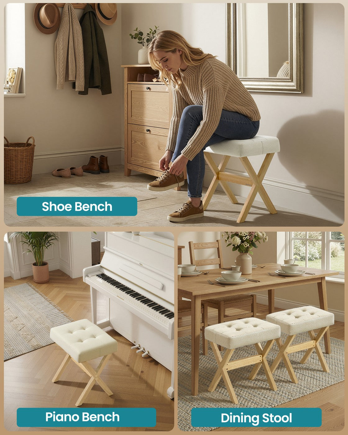 Padded Makeup Stool - Solid Wood X Legs - Vanity Seat or Foot Rest