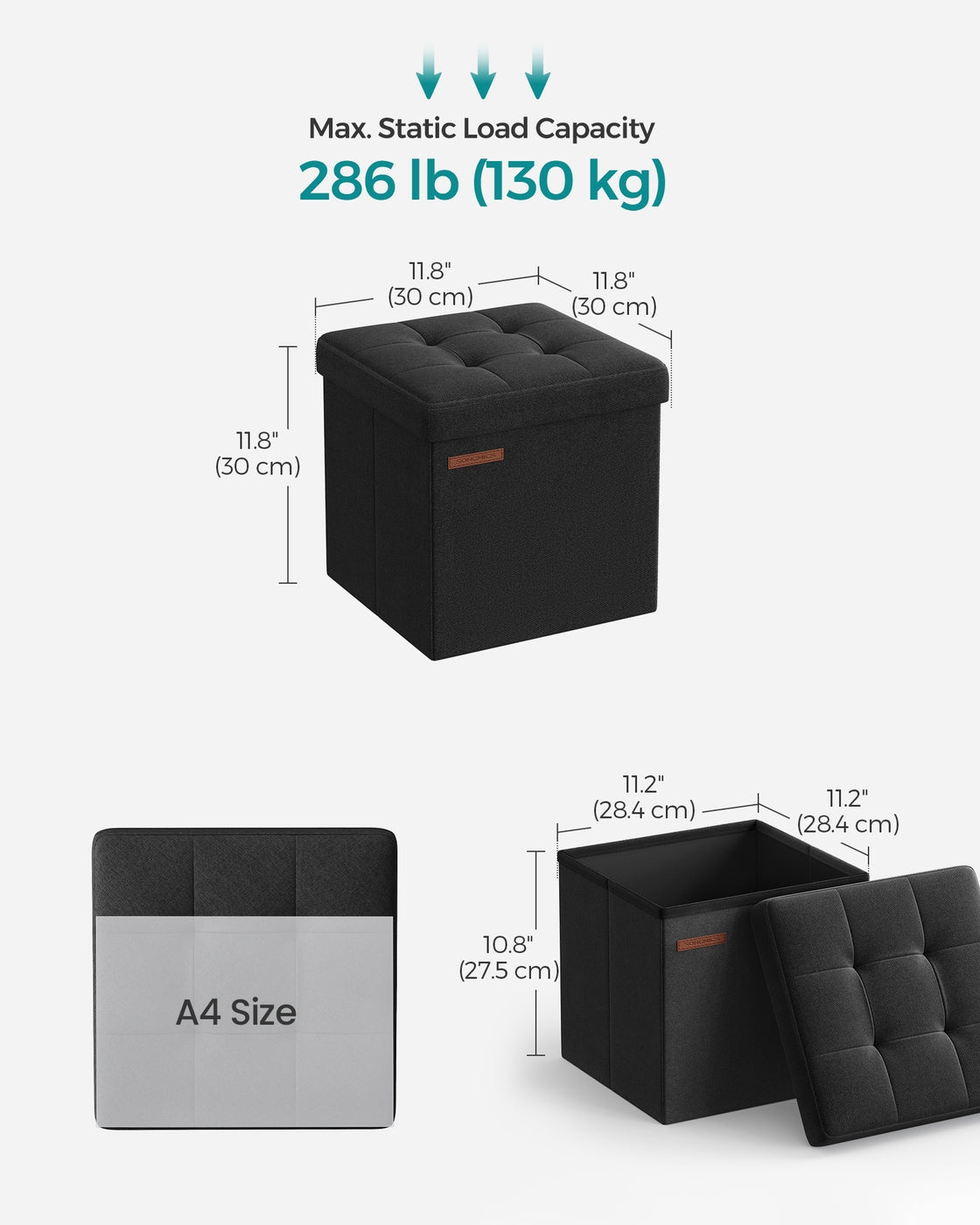 11.8 Inches Small Folding Storage Ottoman Cube Ink Black - Ink Black