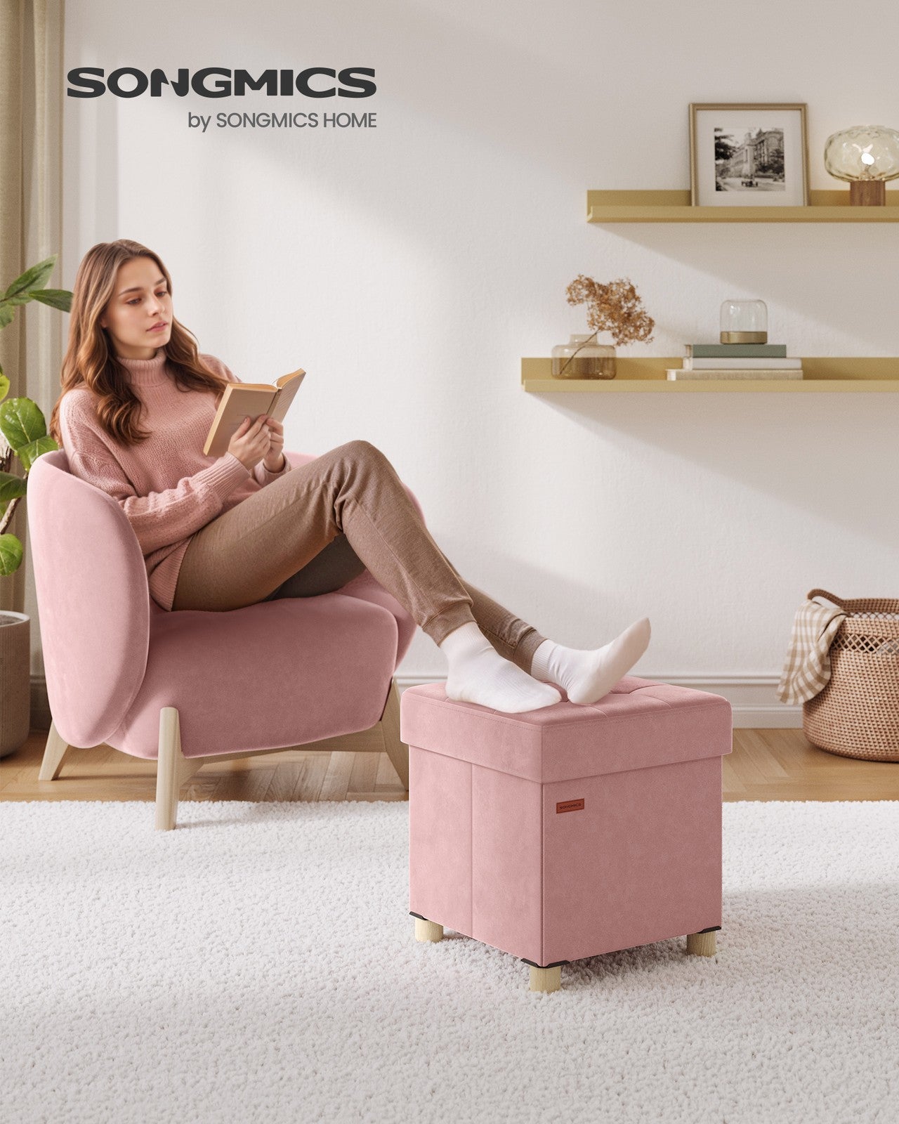 Small Storage Ottoman - Folding Ottoman Cube - 15 x 15 x 15.7 Inches - Footstool - Footrest - 9.8 Gal. (37 L) - Velvet Surface - for Bedroom - Living Room - Dorm - Jelly Pink ULSF0516R01 - Jelly Pink