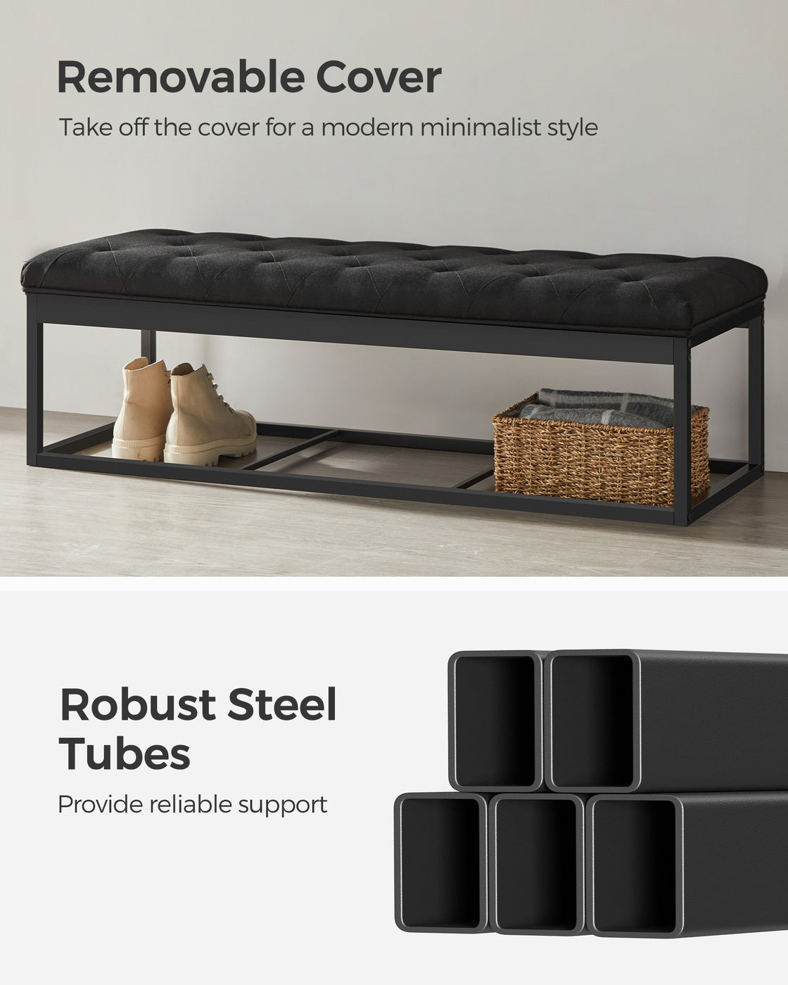 Storage Ottoman Bench with Legs - Load Up to 660 Lb Ink Black - Ink Black