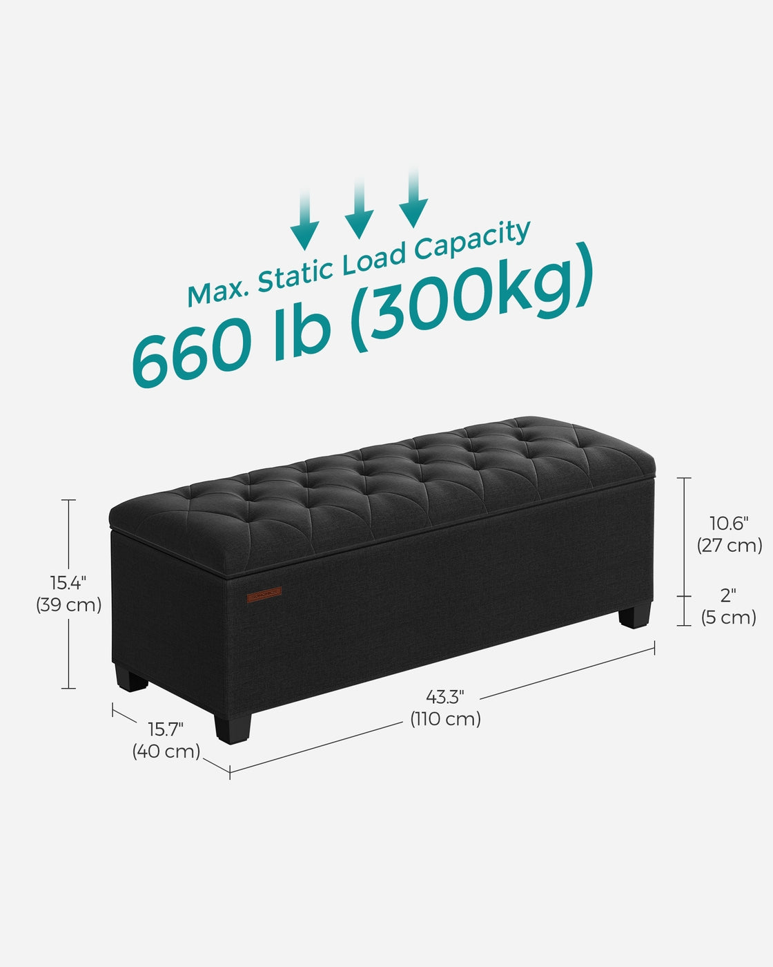 Storage Ottoman Bench with Legs - Load Up to 660 Lb Ink Black - Ink Black