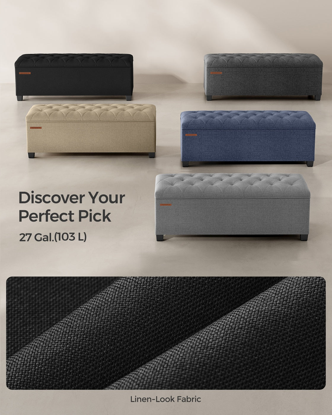 Storage Ottoman Bench with Legs - Load Up to 660 Lb Ink Black - Ink Black