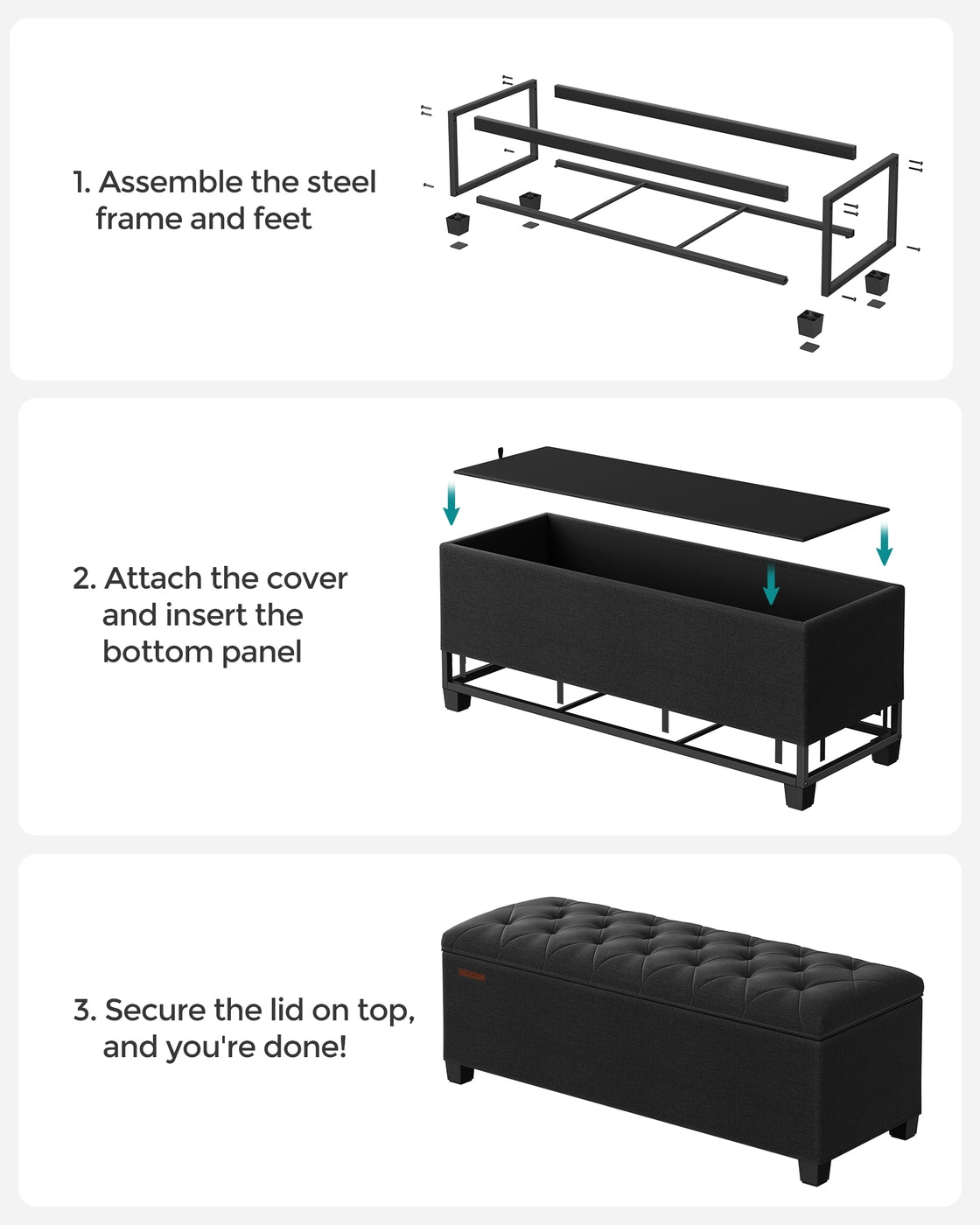 Storage Ottoman Bench with Legs - Load Up to 660 Lb Ink Black - Ink Black