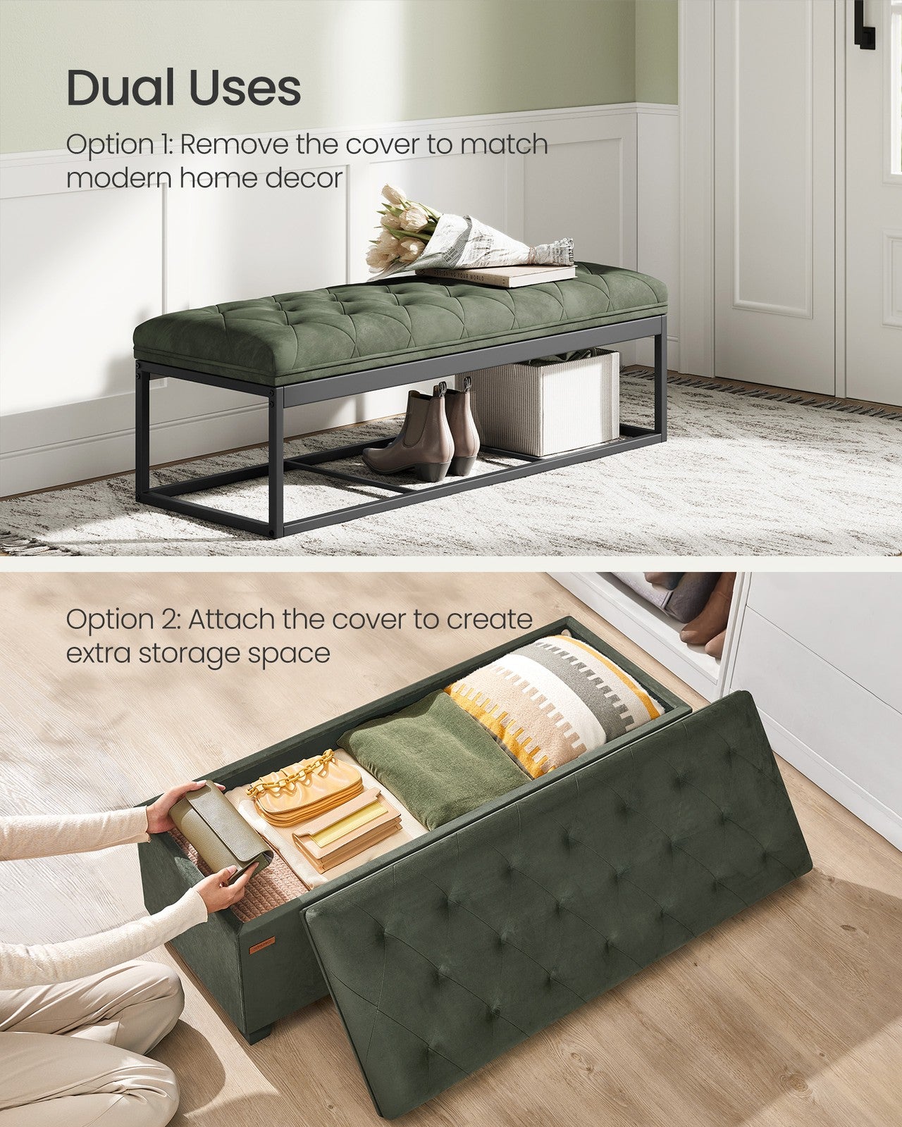 Storage Ottoman Bench - Foot Rest with Legs - Forest Green