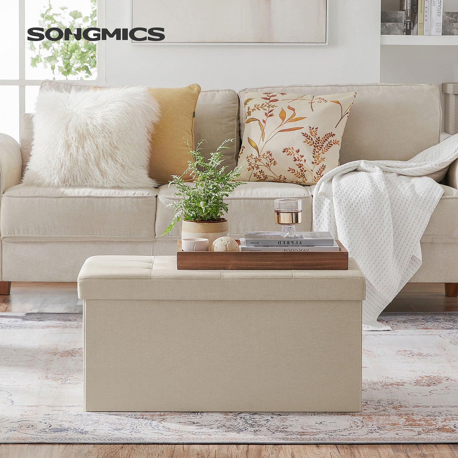 MAZIE Collection - 30 Inches Folding Storage Ottoman Bench - Beige