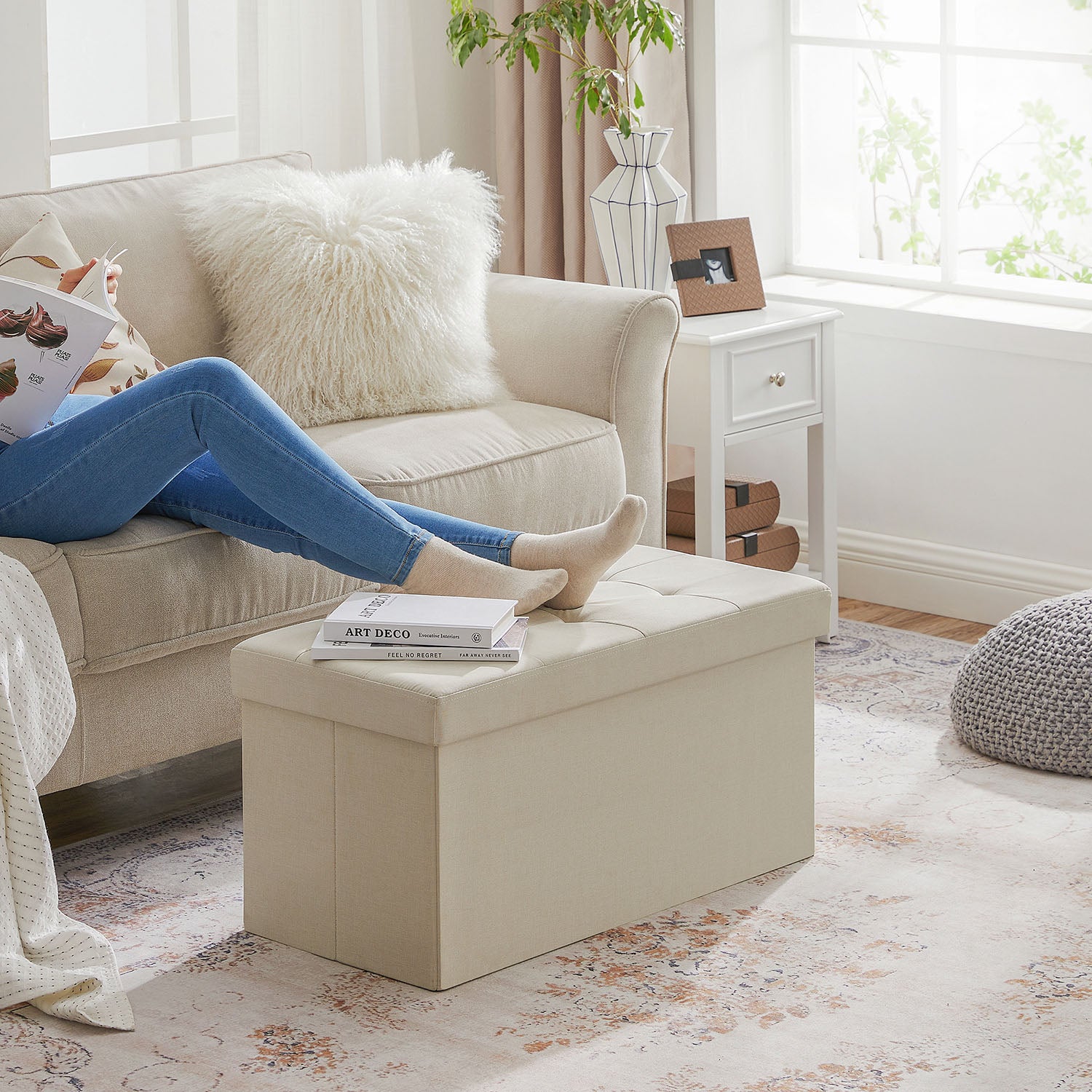 MAZIE Collection - 30 Inches Folding Storage Ottoman Bench - Beige