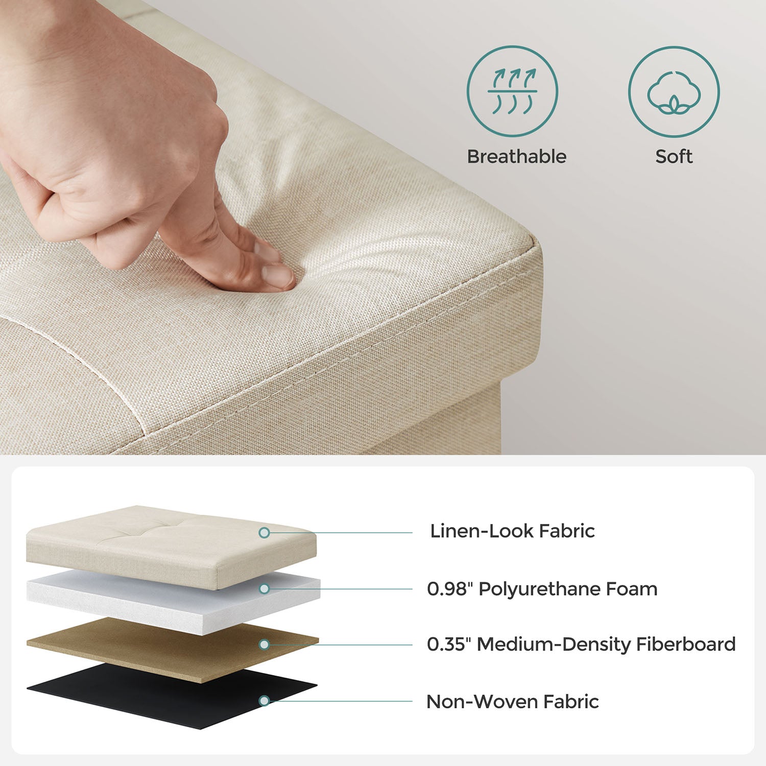 MAZIE Collection - 30 Inches Folding Storage Ottoman Bench - Beige