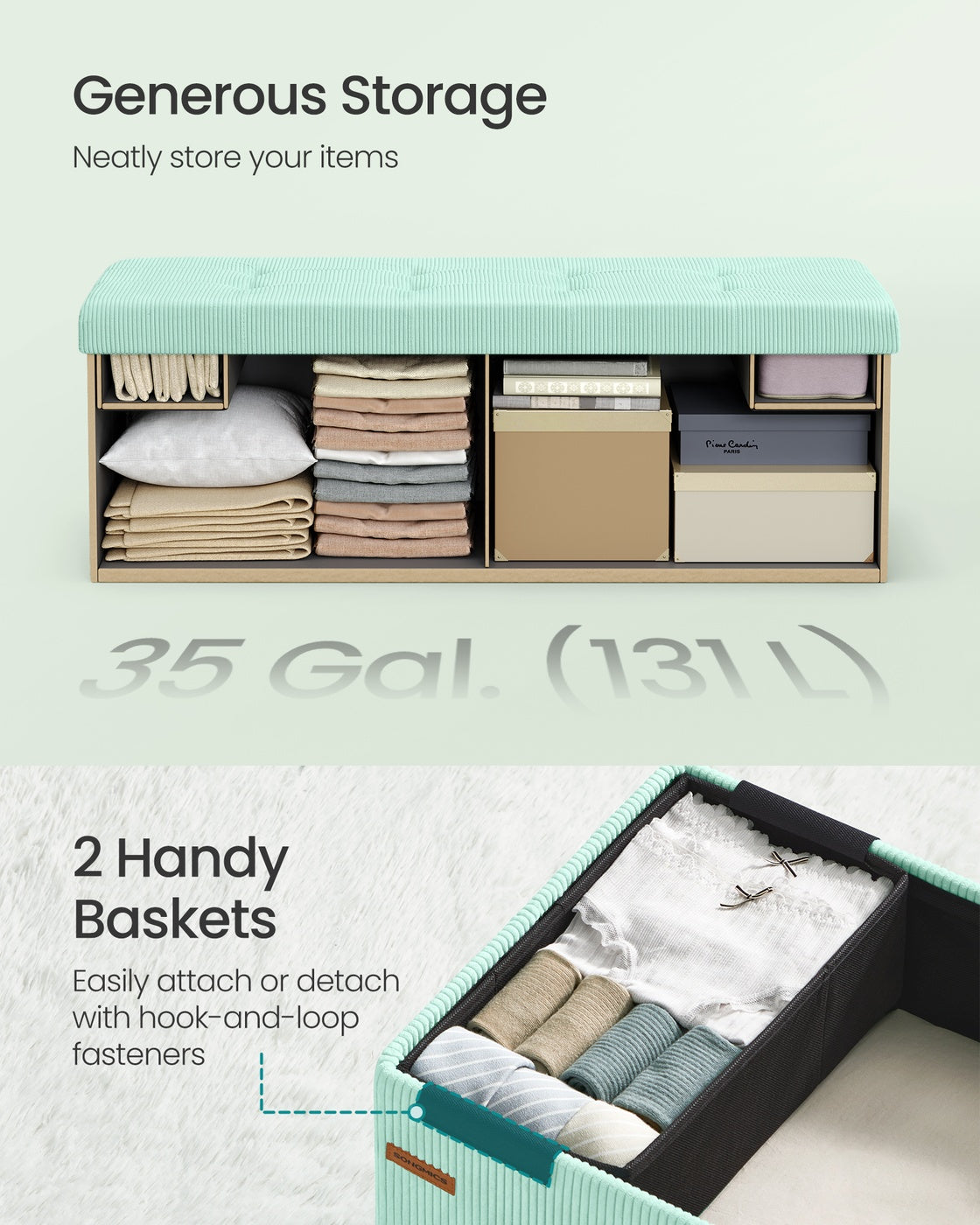 MAZIE Collection - Foldable Storage Ottoman Bench with Foot Rest Moonlight Green - Moonlight Green
