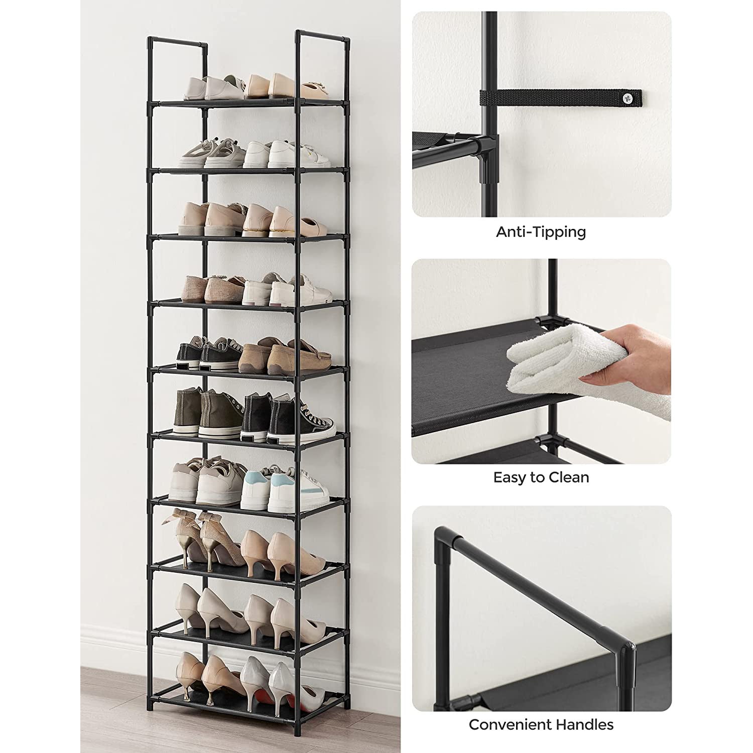 10-Tier Shoe Shelf with Metal Frame - Black