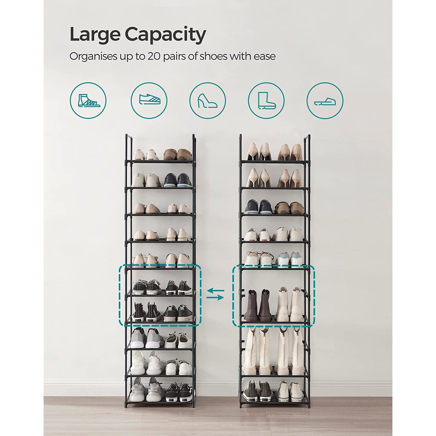 10-Tier Shoe Shelf with Metal Frame - Black