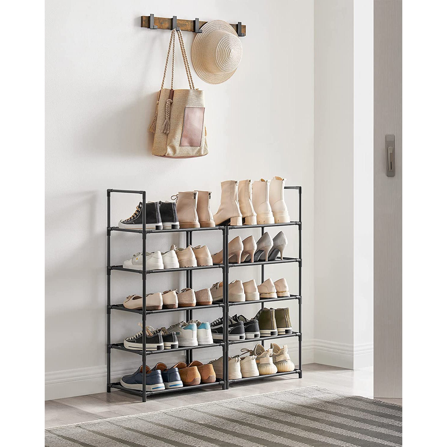 10-Tier Shoe Shelf with Metal Frame - Black