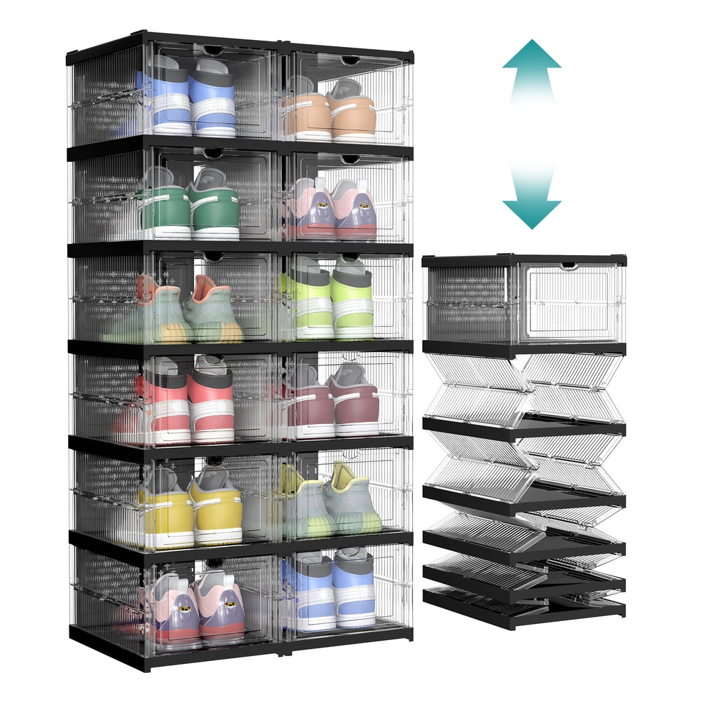 Pack of 12 Foldable Shoe Boxes - Fit Up to US Size 13 - Transparent, Ink Black