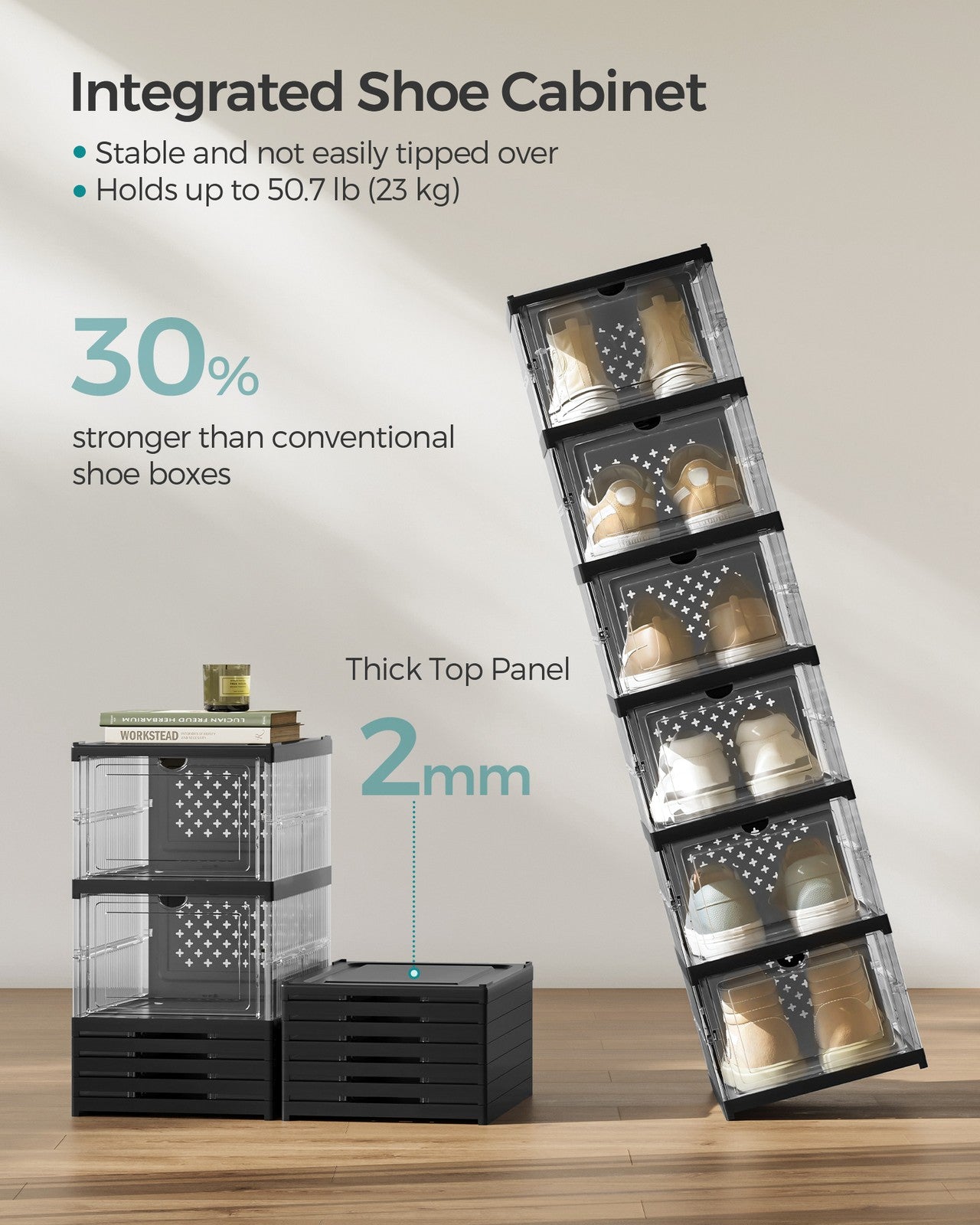 Pack of 12 Foldable Shoe Boxes - Fit Up to US Size 13 - Transparent, Ink Black