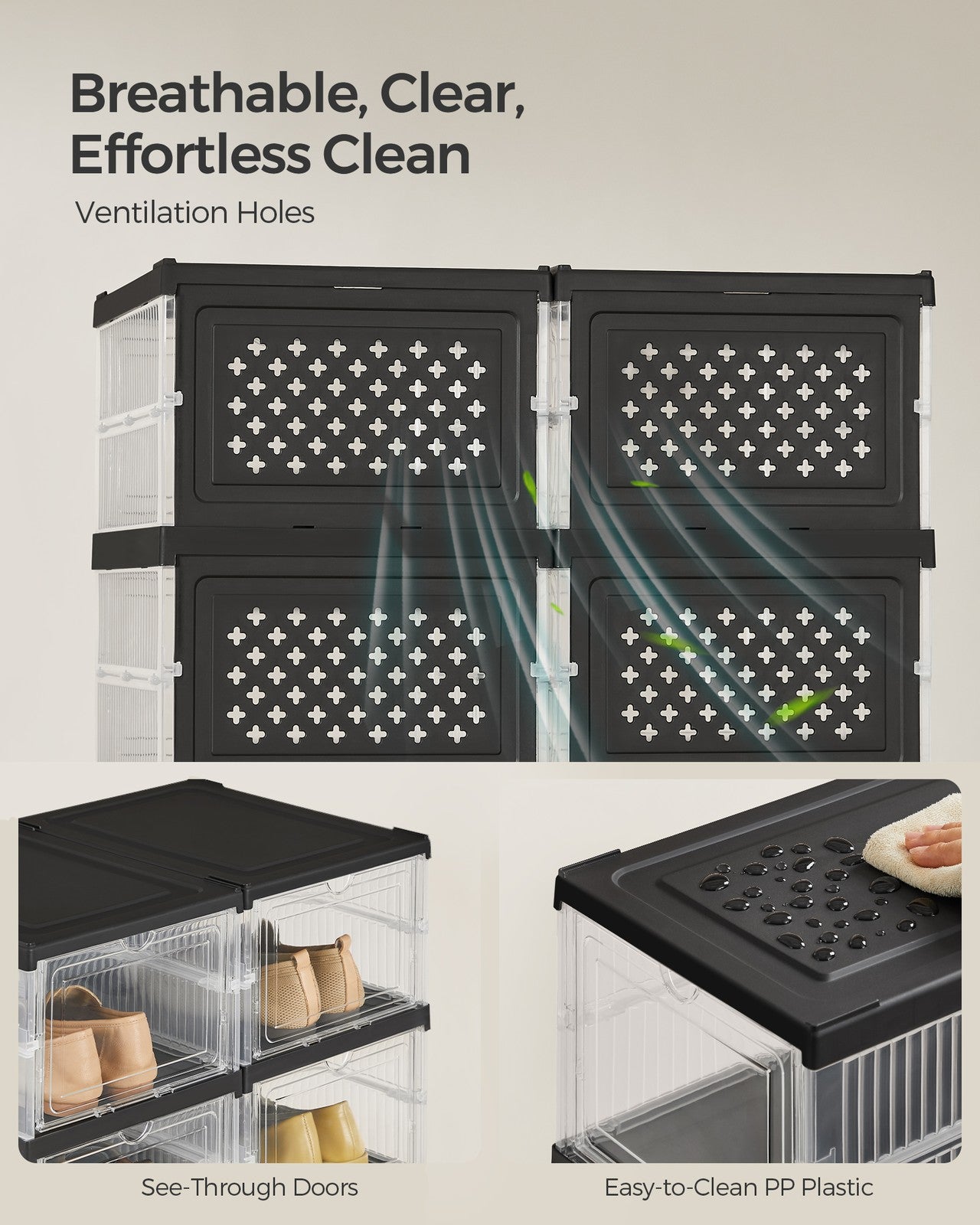 Pack of 12 Foldable Shoe Boxes - Fit Up to US Size 13 - Transparent, Ink Black