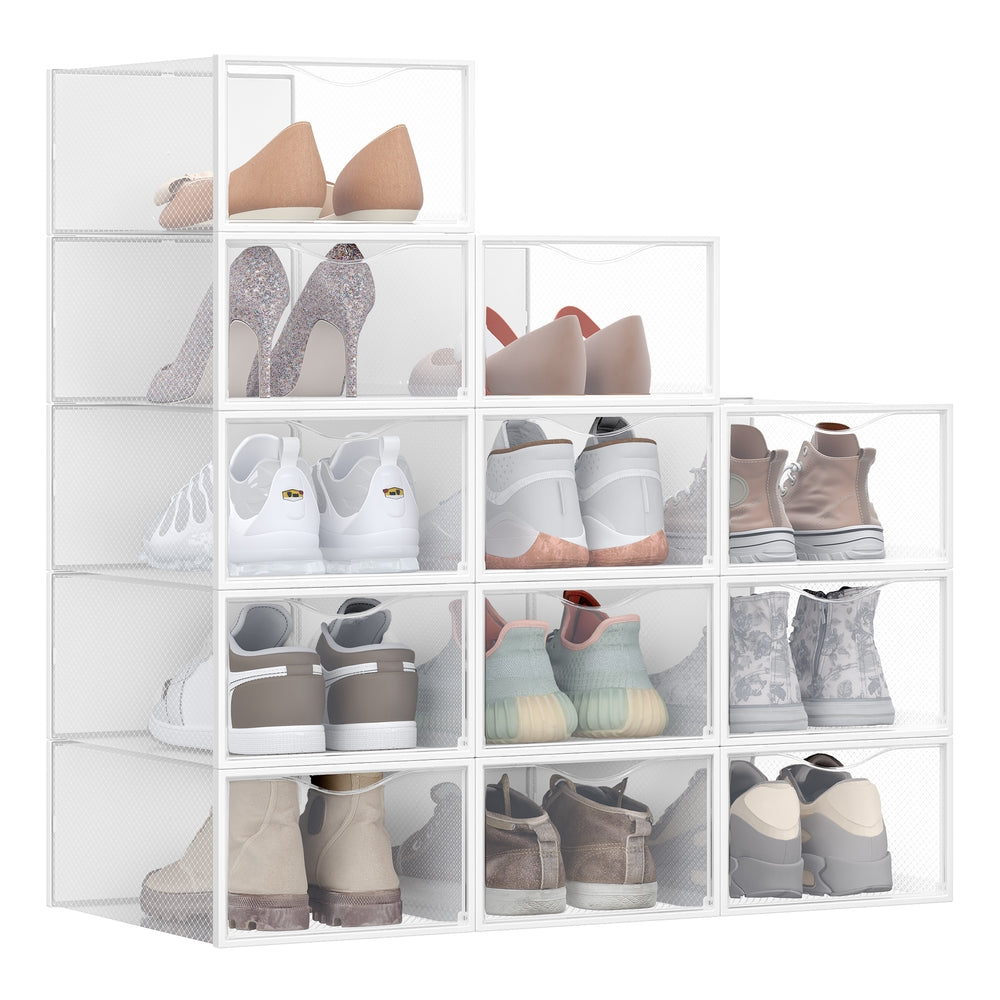 Stackable Shoe Boxes - Set of 12 Plastic Shoe Organizers with Door