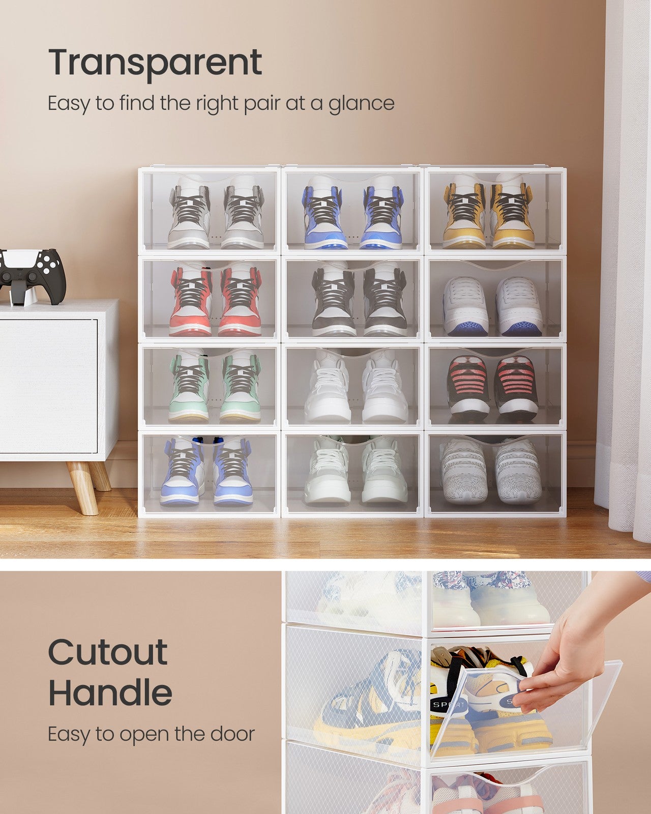 Stackable Shoe Boxes - Set of 12 Plastic Shoe Organizers with Door