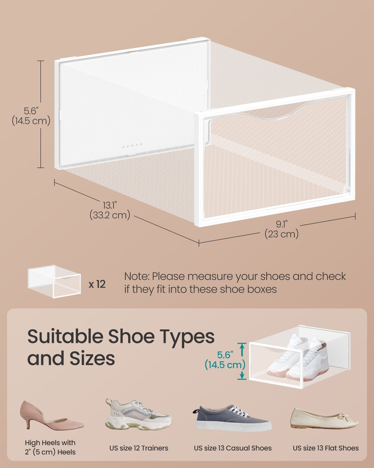 Stackable Shoe Boxes - Set of 12 Plastic Shoe Organizers with Door