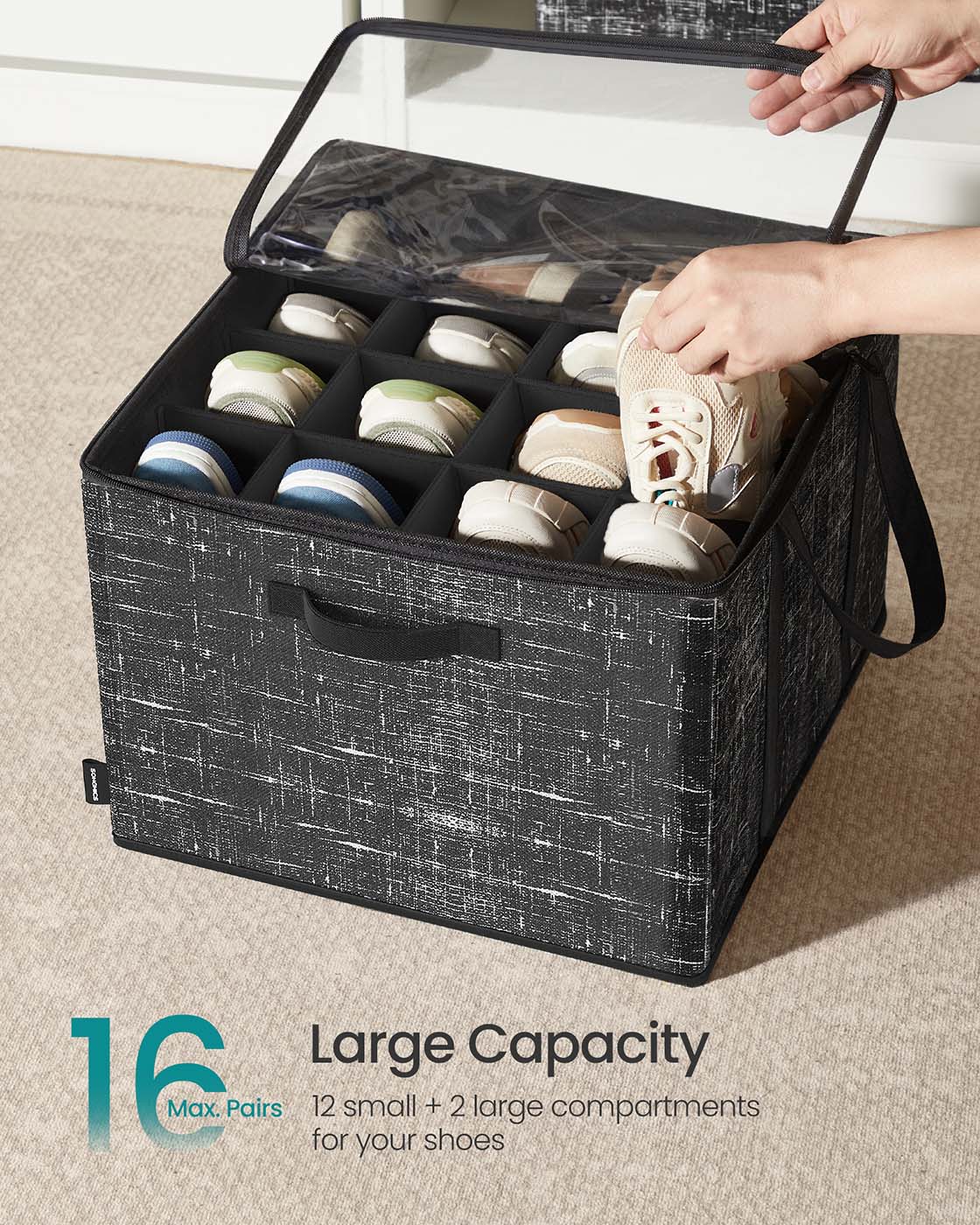 Fabric Shoe Organizer Bin with Handles and Clear Cover - Ink Black