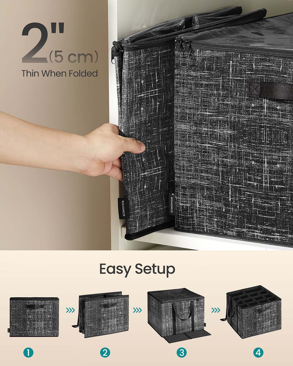 Fabric Shoe Organizer Bin with Handles and Clear Cover - Ink Black