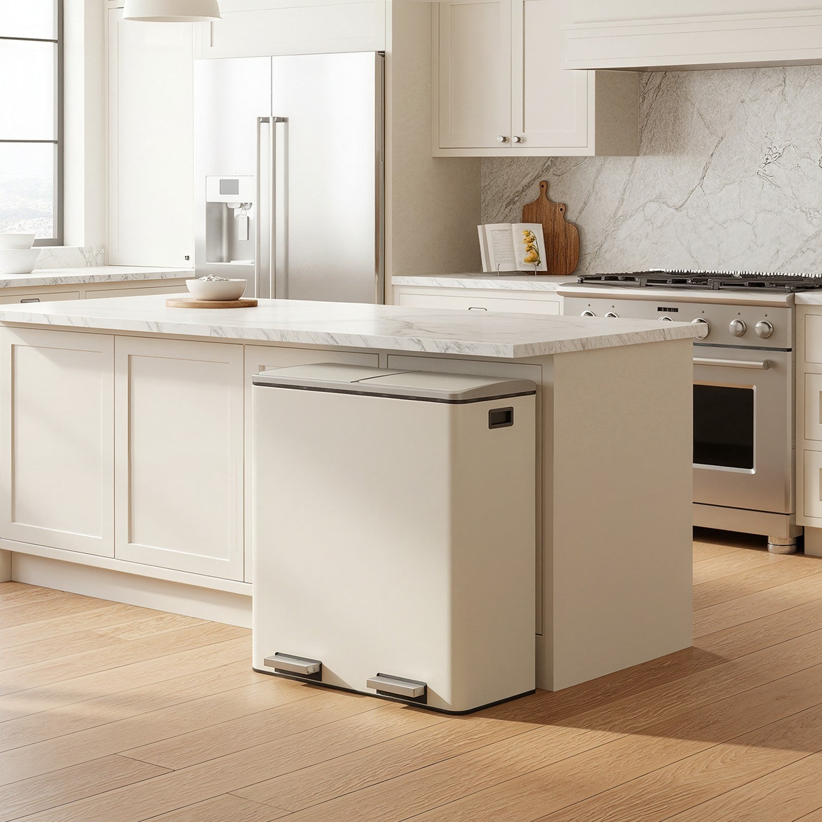 Dual Compartment Kitchen Trash Can with Airtight Hinged Lids - Silver - 23”L x 12.6”W x 25.6”H